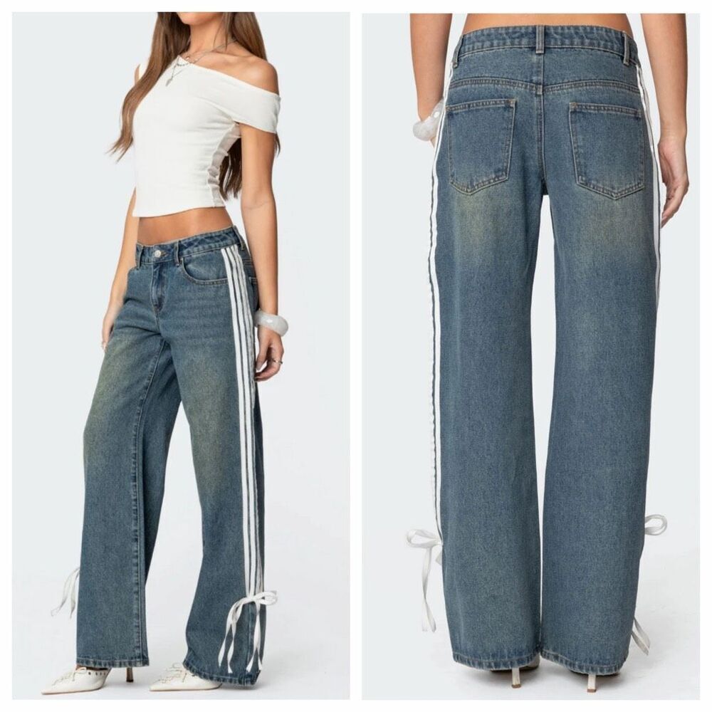 Edikted Ribbon Washed Low Rise Baggy Jeans Size XL